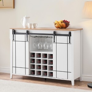 47.2” Farmhouse Wine Bar Cabinet with Sliding Door and 16-Bottle Wine Rack, Perfect for Dining and Living Spaces, Rustic Brown - 1 of 4