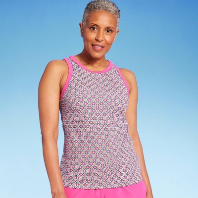 Image of Lands' End Women's UPF 50 Geo Print High Neck Tankini Top - Pink/Orange L