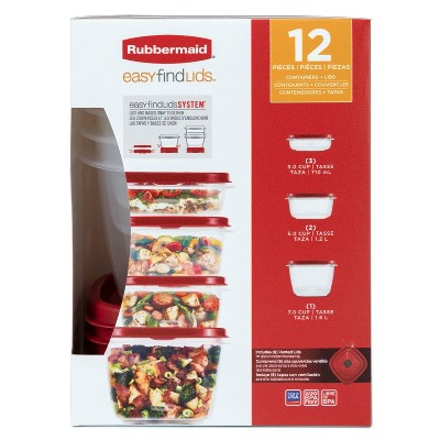Rubbermaid Set of 12 Easy Find Vented Lids Food Storage Containers: Microwave, Freezer & Dishwasher Safe, Red/Clear