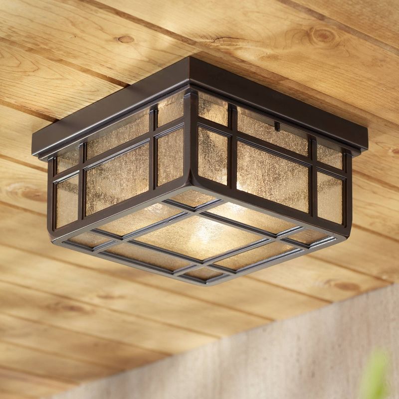 Kathy Ireland Sierra Craftsman Rustic Flush Mount Outdoor Ceiling Light Rubbed Bronze 5 1/2" Frosted Seeded Glass for Post Exterior Barn Deck House, 2 of 9