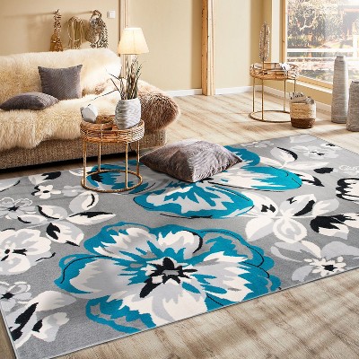 Elegant Floral Blue 5' x 7' Easy-Care Synthetic Area Rug