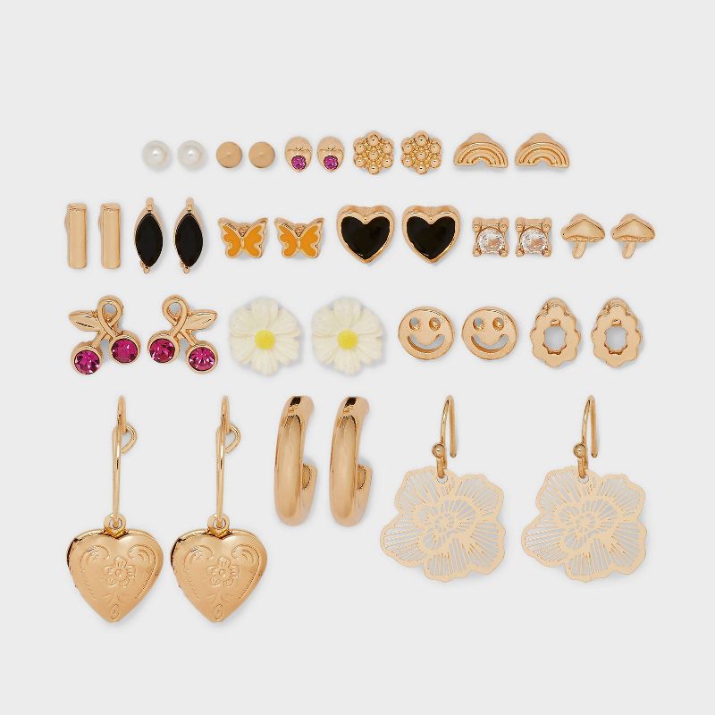 Cherry Heart and Floral Icon Stud Hoop Earring Set 18pc - Wild Fable&#8482; Gold, 1 of 3