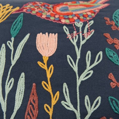 Navy Blue Embroidered Botanical Birds Lumbar Pillow