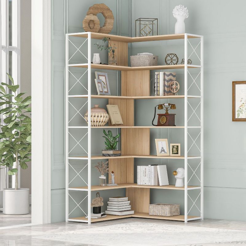 7-Tier Bookcase Home Office Bookshelf, L-Shaped Corner Bookcase with Metal Frame, Industrial Style Shelf with Open Storage, MDF Board-The Pop Home, 1 of 12