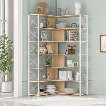 7-Tier Bookcase Home Office Bookshelf, L-Shaped Corner Bookcase with Metal Frame, Industrial Style Shelf with Open Storage, MDF Board-The Pop Home