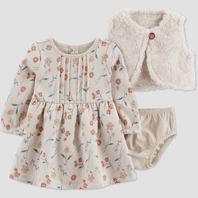 Image of Carter's Just One You®️ Baby Girls' Floral Fleece Vest & Dress Set - Cream 3M