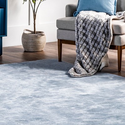 Light Blue Solid Shag Washable Round Synthetic Rug