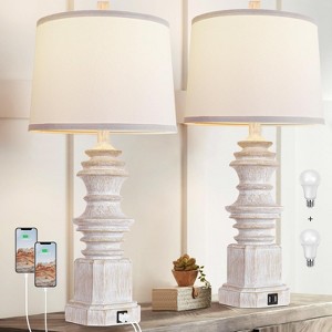 ROTTOGOON 26.5" Table Lamps Farmhouse Rustic USB C+A Ports AC Outlet 3 Way Touch Control Resin White 2-Pack - 1 of 4