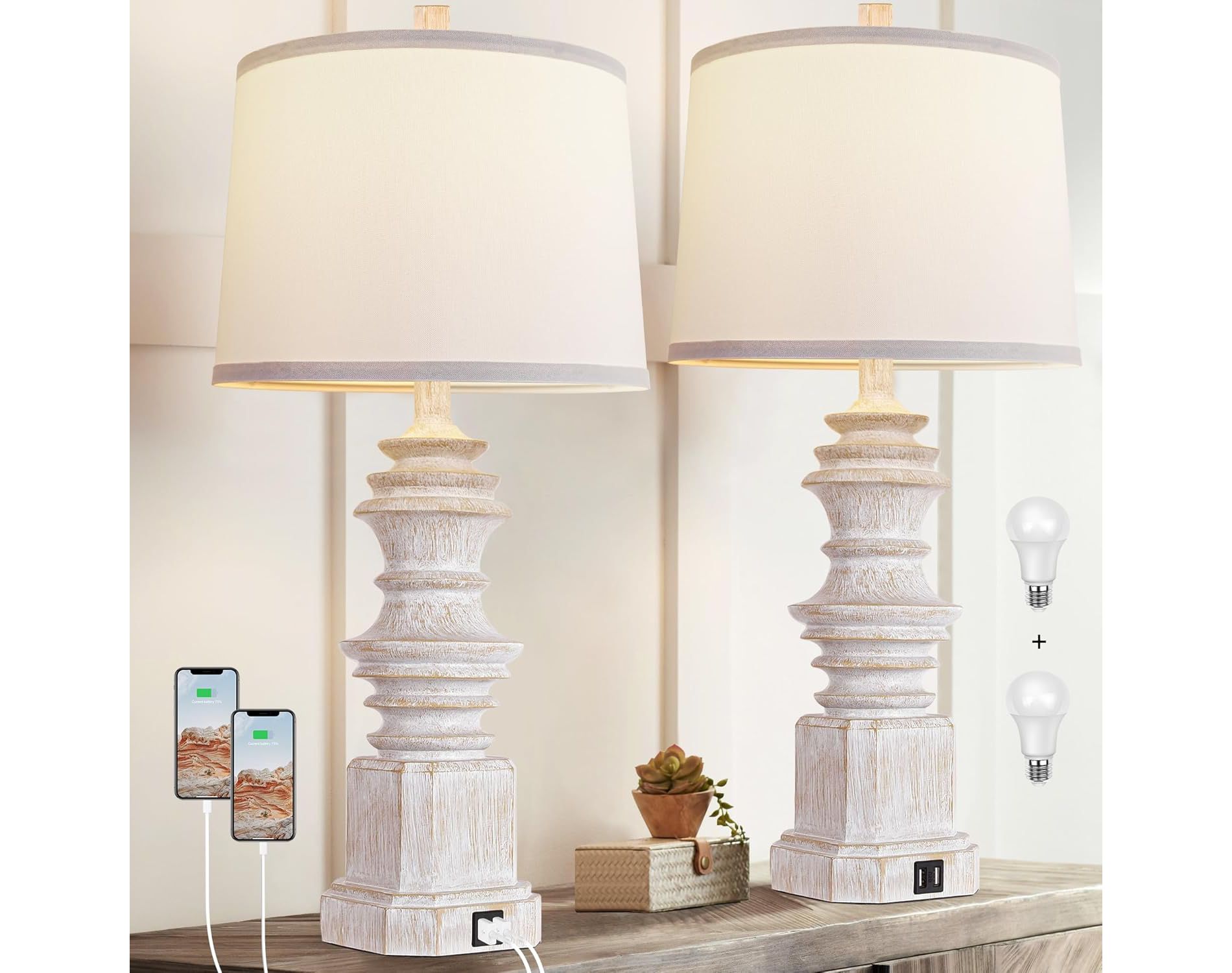 ROTTOGOON 26.5" Table Lamps Farmhouse Rustic USB C+A Ports AC Outlet 3 Way Touch Control Resin White 2-Pack