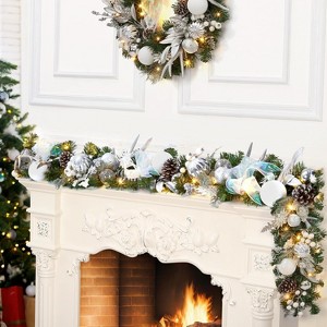 6FT Christmas Garland, Christmas Garland with Snowflake Ball Ornaments, Ribbons, Antlers for Door Stairs Mantle Christmas Decoration - 1 of 4