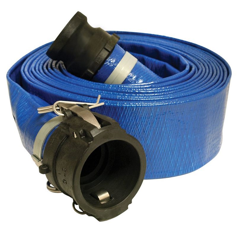 Apache 98138066 50 Foot Standard Duty PVC Flat Discharge Hose, Mildew Proof and Abrasion Resistant with Poly Cam Locks, Blue, 1 of 3
