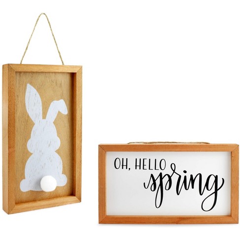 AuldHome Design 10x6" Spring Wood Signs 2pc Set; Farmhouse Decor Easter Bunny / Spring Door Hanger Mini Seasonal Plaques - image 1 of 4