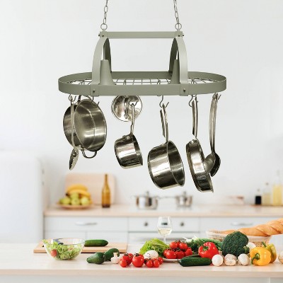 Slate Gray Elliptical Metal Kitchen Pot Rack with Lights