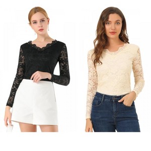 INSPIRE CHIC Women's Floral Embroidery Sheer Long Sleeves Lace Blouse 2 Packs - 1 of 4