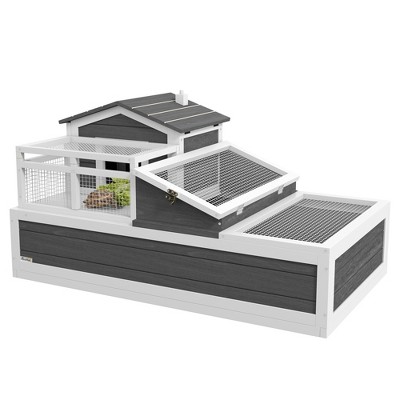 PawHut Big 3-Room Tortoise Habitat House with Balcony & 2 Stories, Wooden Indoor/Outdoor Tortoise Enclosure, Large Reptile Cage