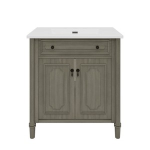 Vynxaria 31 Inch Antique Gray Vintage Bathroom Vanity with Ceramic Sink One Complete Unit Rustic Curved Cabinet Soft Close Doors Adjustable Shelf - 1 of 4