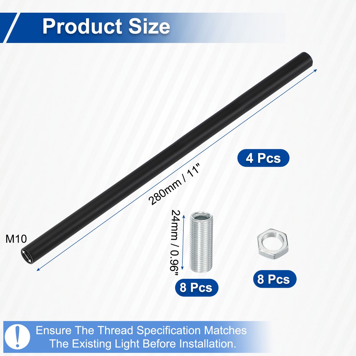 Unique Bargains Indoor Electroplated Iron Threaded Extension Rod Lighting Fixture Downrods Black M10 x 11" 4 Sets - thumbnail 2