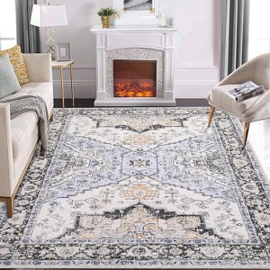 Classic Vintage Floral Rug, Thin Low Pile, Non Slip, Washable, Stain Resistant, Foldable Accent Carpet for Living Room Bedroom - 1 of 4