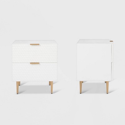 White Honeycomb 2-Drawer Side Table with Gold Accents