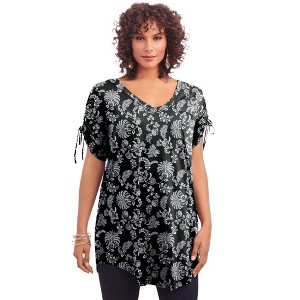 Roaman's Women's Plus Size Ruched Sleeve Ultra Femme Tunic - 1 of 4