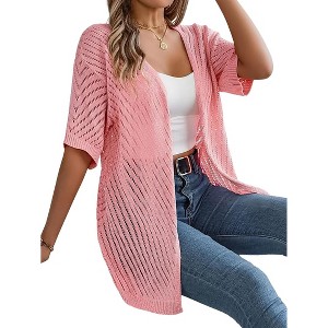 Women's Crochet Lightweight Cardigan Short Sleeve Boho Casual Open Front Sweater Tops - 1 of 4