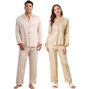 INSPIRE CHIC Couples Satin Pajamas Sets Long Sleeve Button Down Casual 2 Pack Striped Sleepwear - 1 of 4
