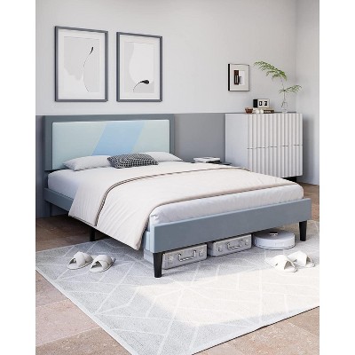 Full Size Bed Frame, Tufted Platform Bed Frame with Adjustable Height Headboard, Velvet Mix Color Upholstered Bed Frame, Light Blue
