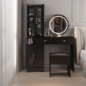 KTMBDW Modern Makeup Vanity Table Set with Side Cabinet and LED Mirror, Retractable Dressing Table with Power Outlets, 3 Light Colors for bedroom - 1 of 4