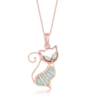 Opalata Sterling Silver White Inlay Opal Cat 18" Pendant Necklace - Rose Gold Plated - Rose