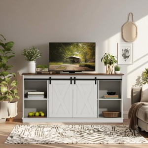 Vynxaria 65-Inch Solid Wood TV Cabinet with Double-Layer Storage Sliding Doors Modern Living Room Furniture, White - 1 of 4