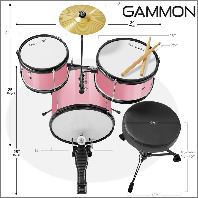 Gammon 3-Piece Junior Drum Set, Beginner Drum Kit with Throne, Cymbal, and Drumsticks, 3 of 8