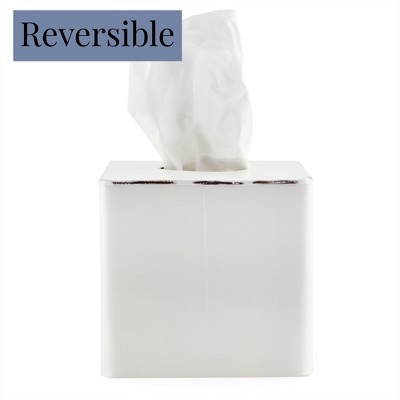 White Enamelware Square Tissue Box Cover with Bless You Text