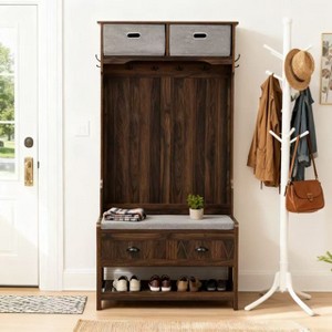 Homy Casa Entryway Hall Tree with Cushion Seat, Hooks & Storage Drawers, Rustic Brown - 1 of 4
