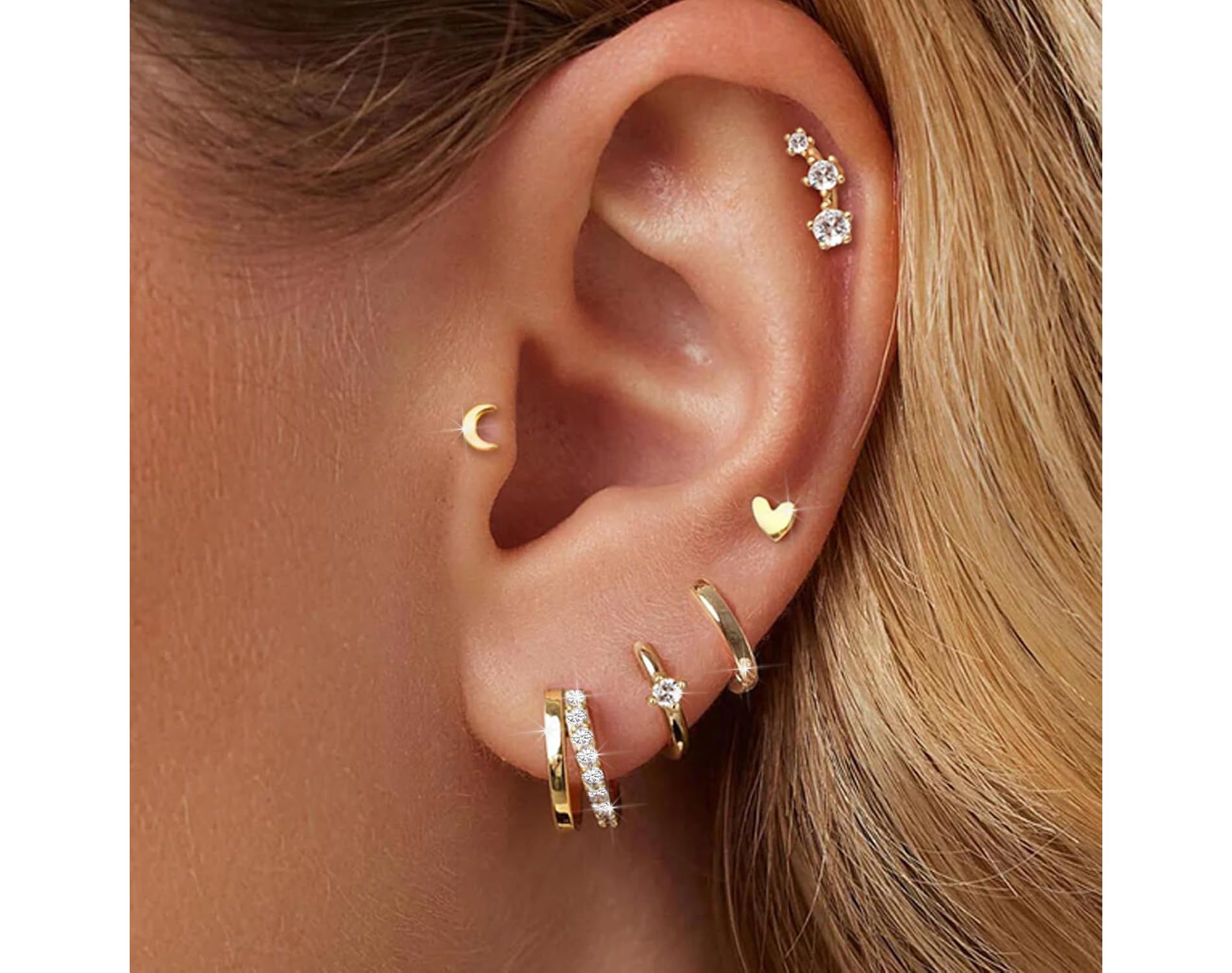 Dainty Gold Earrings, 14K Gold Plated Hypoallergenic Stud Earrings Set Cartilage Earrings for Multiple Piercing