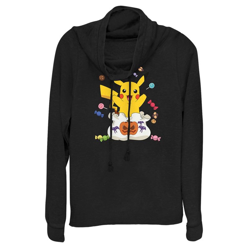 Juniors Womens Pokemon Halloween Pikachu Candy Bag Cowl Neck Sweatshirt, 1 of 5