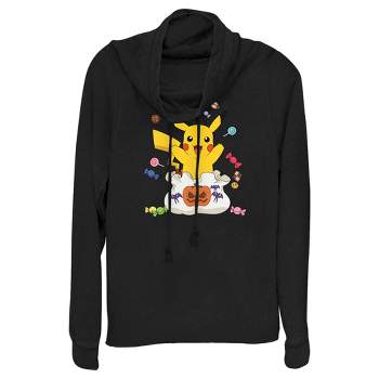 Juniors Womens Pokemon Halloween Pikachu Candy Bag Cowl Neck Sweatshirt