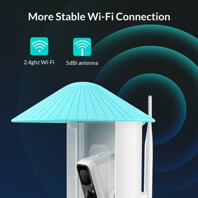 Blue and White Plastic Post-Mounted Bird Feeder with HD Camera