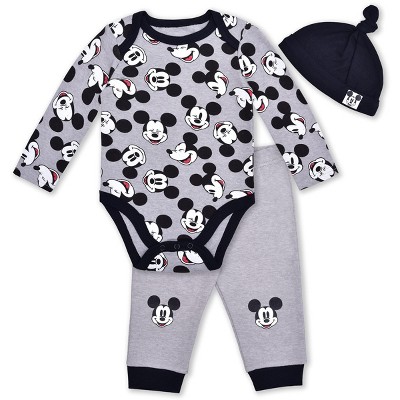 Disney Boy's 3-Pack Mickey Mouse Long Sleeve Baby Bodysuit Creeper, Cap and Jogger Pant Set for infant