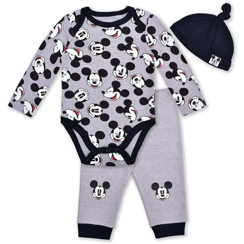 Disney Boy's 3-Pack Mickey Mouse Long Sleeve Baby Bodysuit Creeper, Cap and Jogger Pant Set for infant, 1 of 7