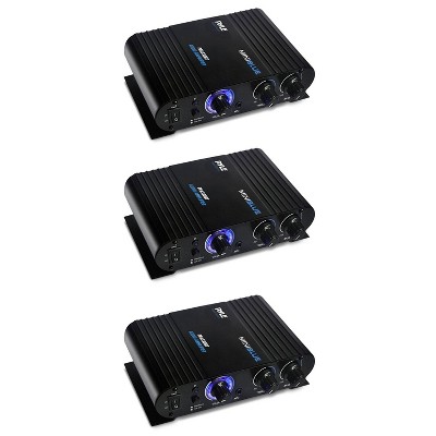 Pyle 90 Watt 8 Ohm Wireless Bluetooth Mini Blue Compact Home Studio Class T Amplifier w/ Speaker Selector, RCA, AUX, LED, 12V Adapter (3 Pack)