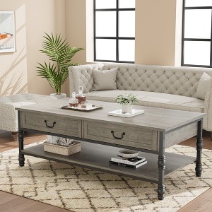 41 inch Coffee Table with 2 Drawers & Open Shelf, Vintage Farmhouse Rectangle Center Table with Storage for Living Room, Easy Assembly & Cleaning - 1 of 4