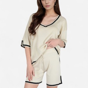 Anna-Kaci Lounge Women's Knit Lounge Set with V-Neck Top and Drawstring Shorts Featuring Contrast Trim - 1 of 4