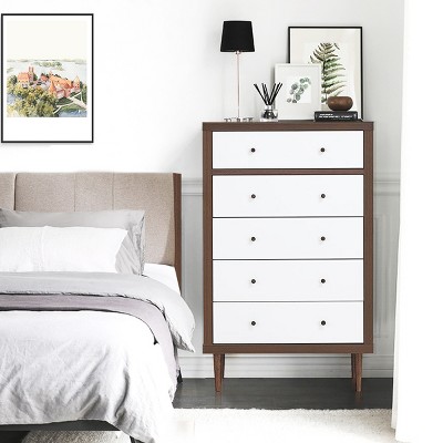 White and Walnut Mid-Century Modern 5-Drawer Dresser