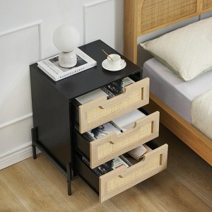 Rattan Nightstand with 3 Drawers, 18.9" Compact Bedside Table for Small Spaces - Engineered Wood & Steel Frame - 1 of 4