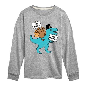 Boys' - Instant Message - Eat Pizza Turkey Dino Long Sleeve Graphic T-Shirt - 1 of 4