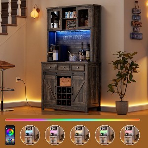 72" Modern Farmhouse Coffee Bar Cabinet with LED Lights & Power Outlets, Sliding Barn Door Buffet with Wine Storage - 1 of 4