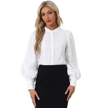 Allegra K Women's Stand Neck Pleated Lantern Long Sleeves Button Down Casual Shirt