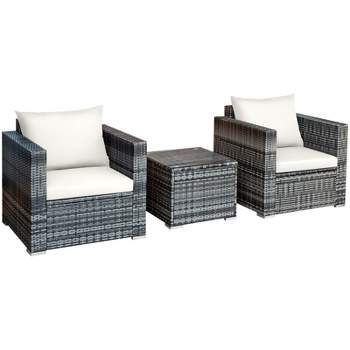 Tangkula 3-Piece Patio Wicker Conversation Set Bistro Rattan Sofa Chair with Washable Cushion