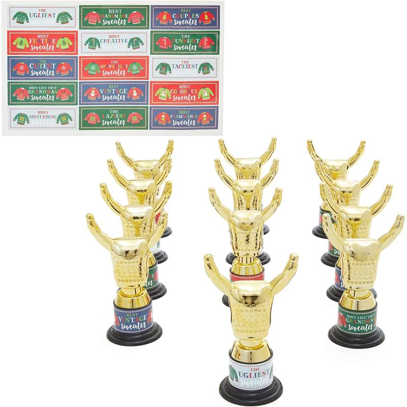 Blue Panda 12 Pack Ugly Christmas Sweater Trophy Award with Stickers for Party Decorations, 3 of 7