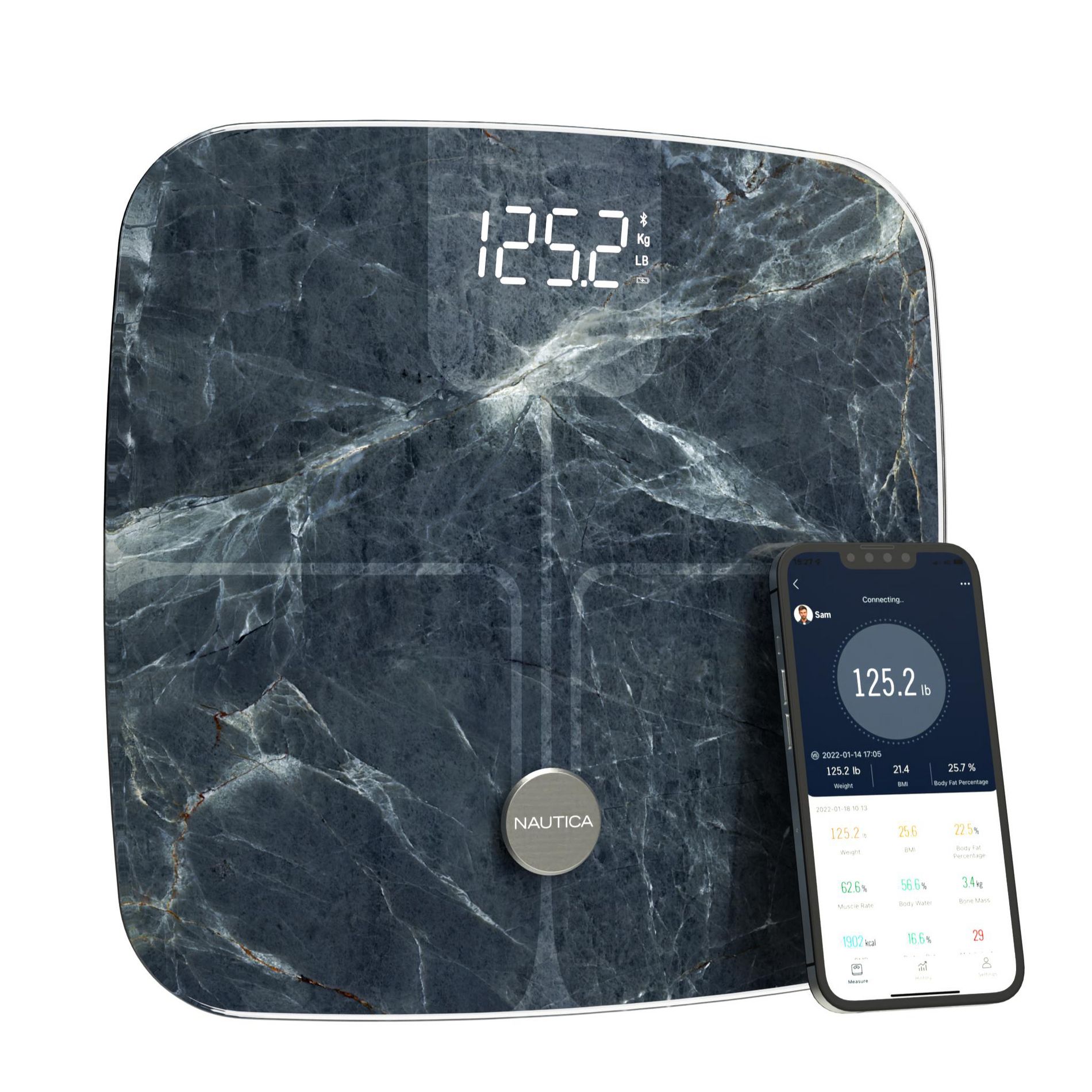 Nautica Body Tracker Digital Bathroom Scale, Bluetooth-Enabled Smart Scale with BMI, Body Fat, Muscle Mass Tracking, Syncs with Smartphone App, 440Lbs